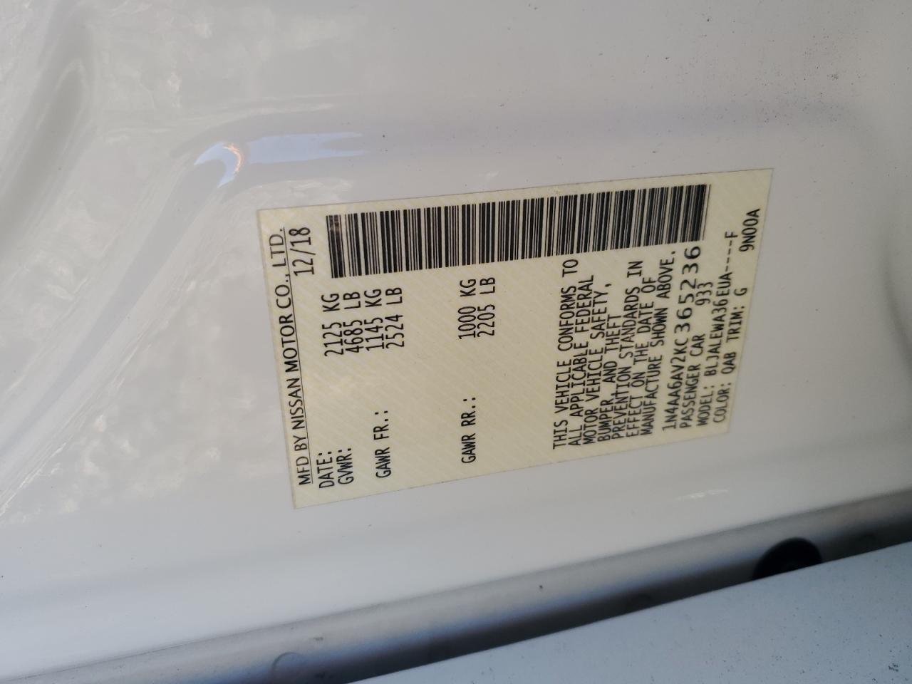 2019 Nissan Maxima S VIN: 1N4AA6AV2KC365236 Lot: 89644525