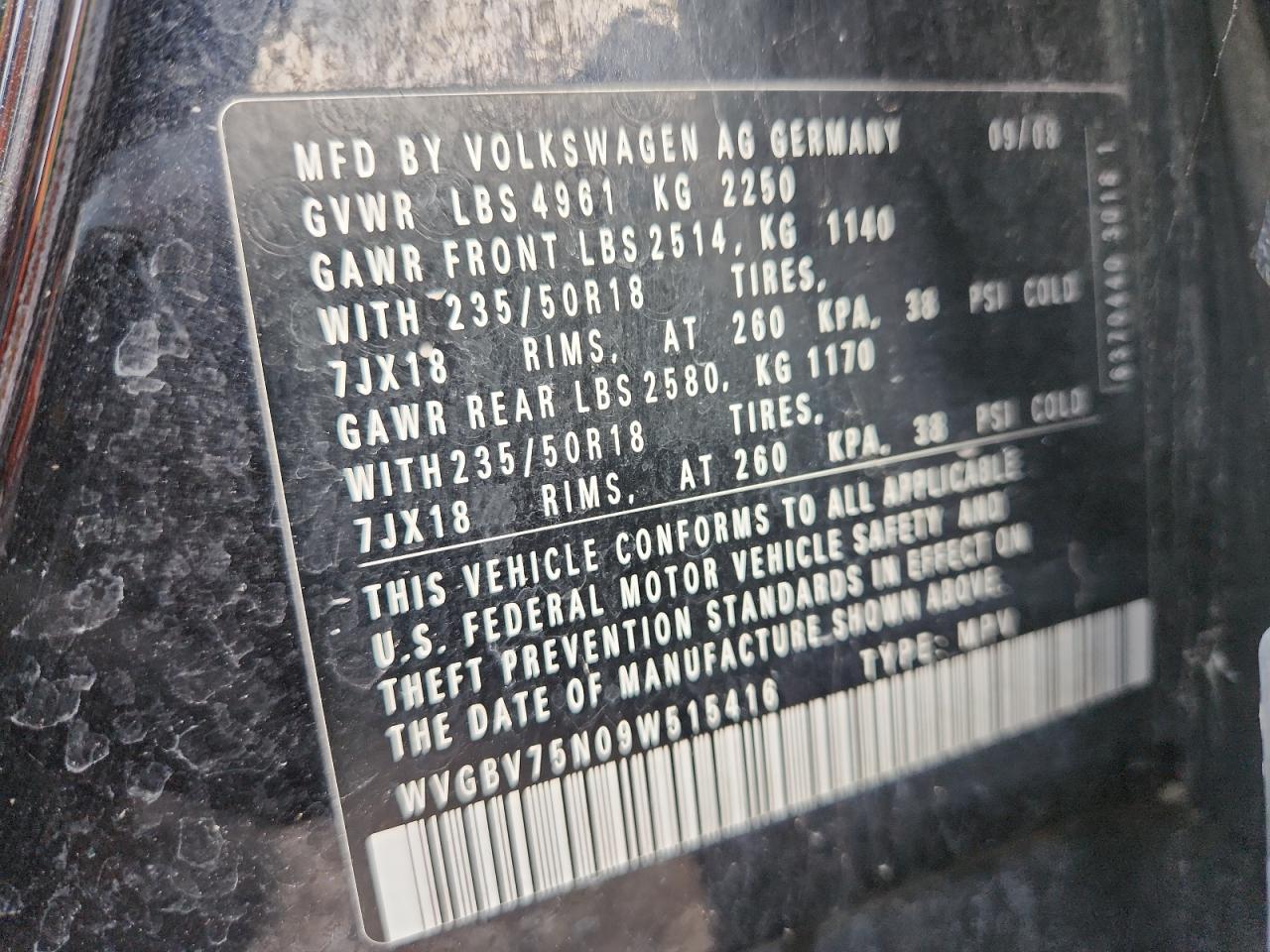 2009 Volkswagen Tiguan Se VIN: WVGBV75N09W515416 Lot: 92449925