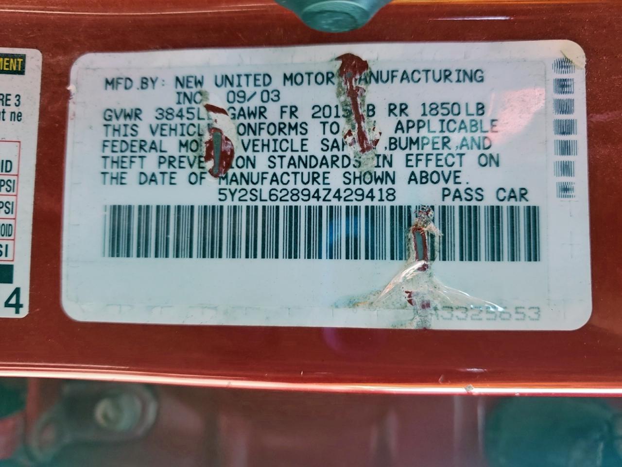 2004 Pontiac Vibe VIN: 5Y2SL62894Z429418 Lot: 93638005