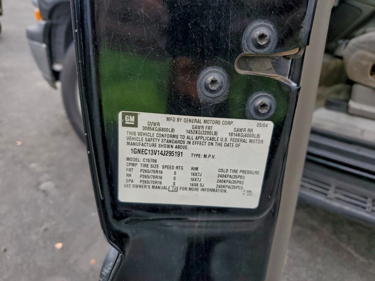 2004 Chevrolet Tahoe C1500 VIN: 1GNEC13V14J295191 Lot: 92752365