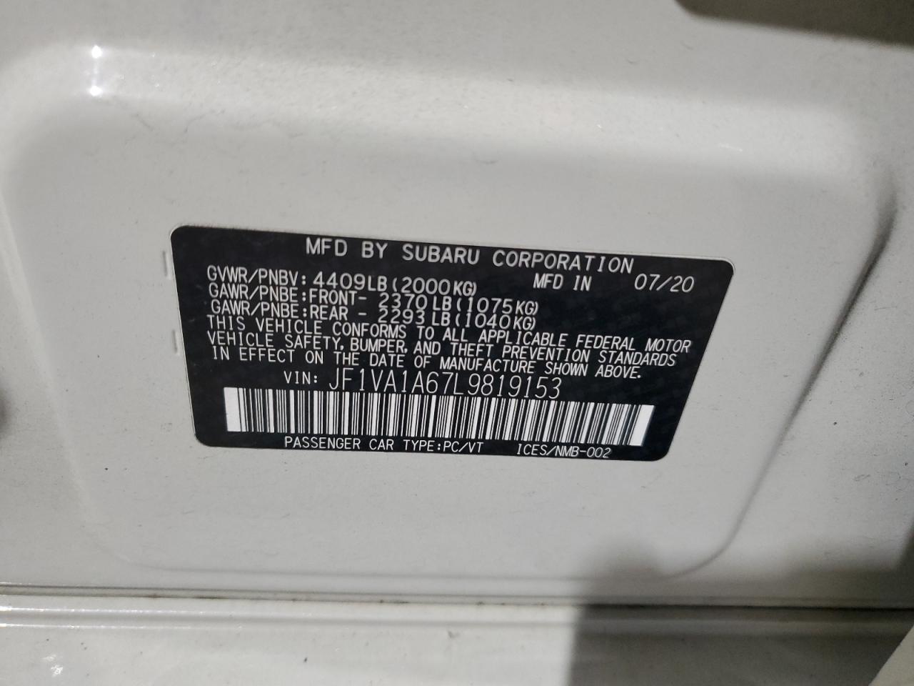 2020 Subaru Wrx VIN: JF1VA1A67L9819153 Lot: 92690145