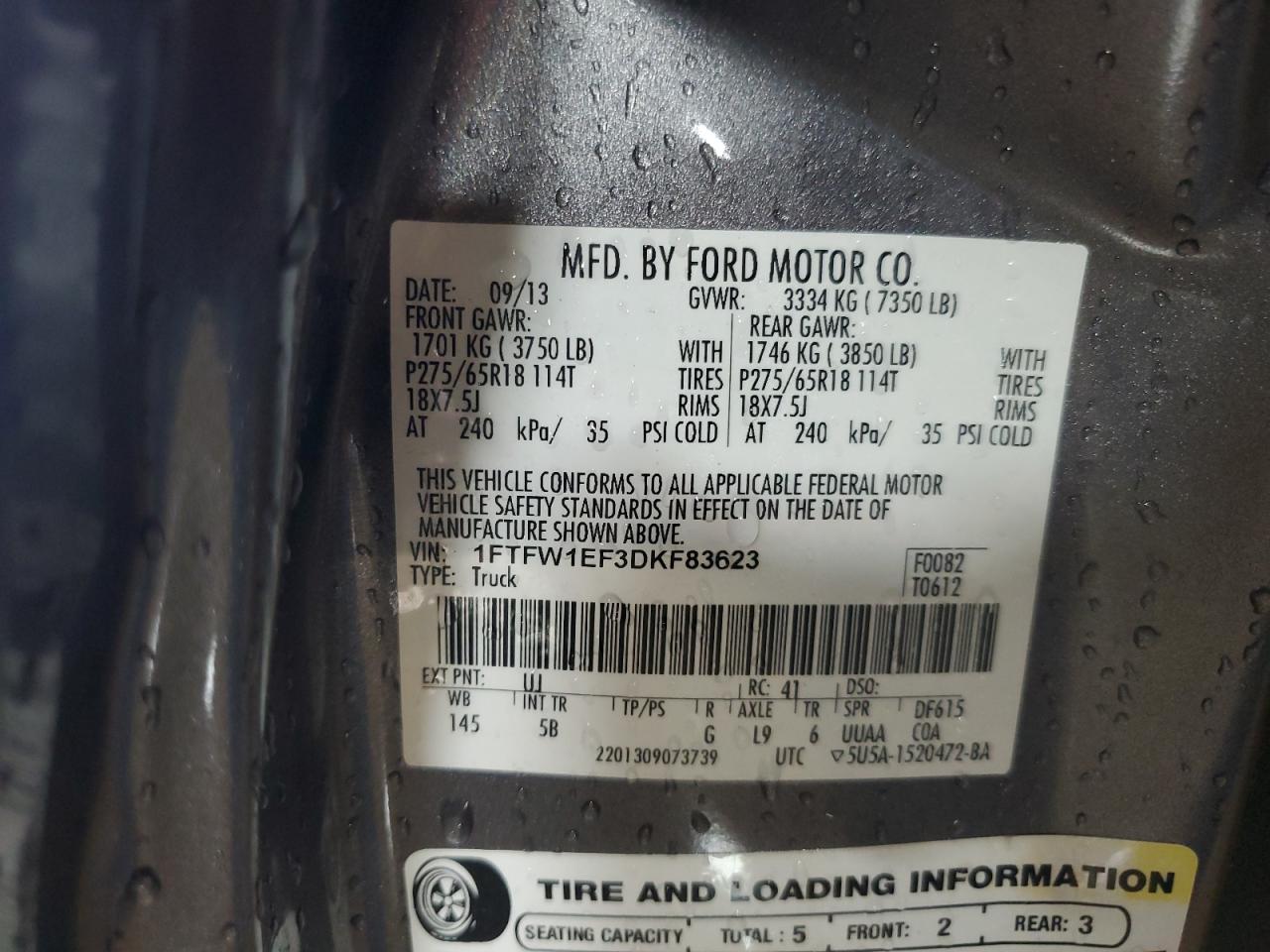 2013 Ford F150 Supercrew VIN: 1FTFW1EF3DKF83623 Lot: 93889965