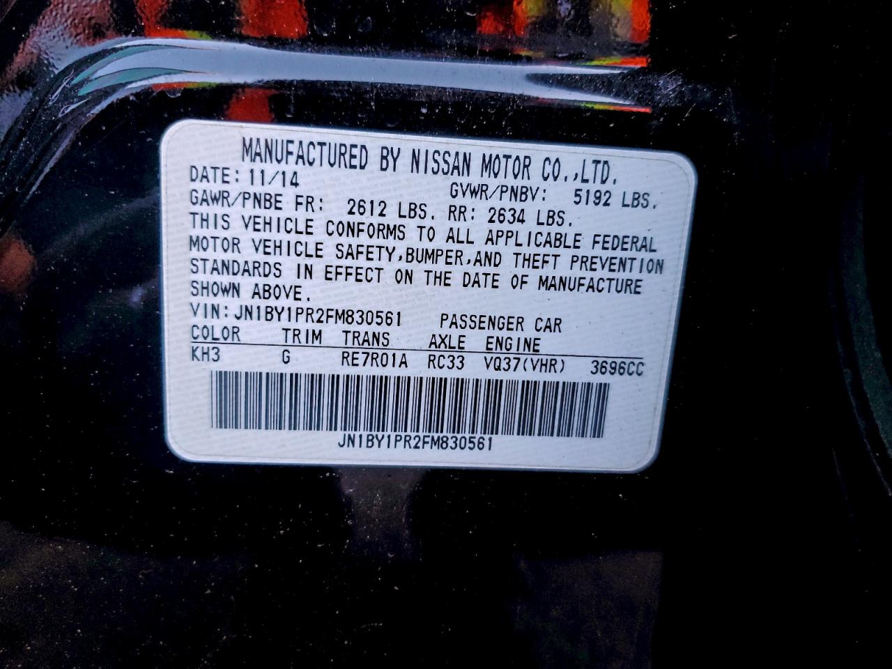 2015 Infiniti Q70L 3.7 VIN: JN1BY1PR2FM830561 Lot: 93735785