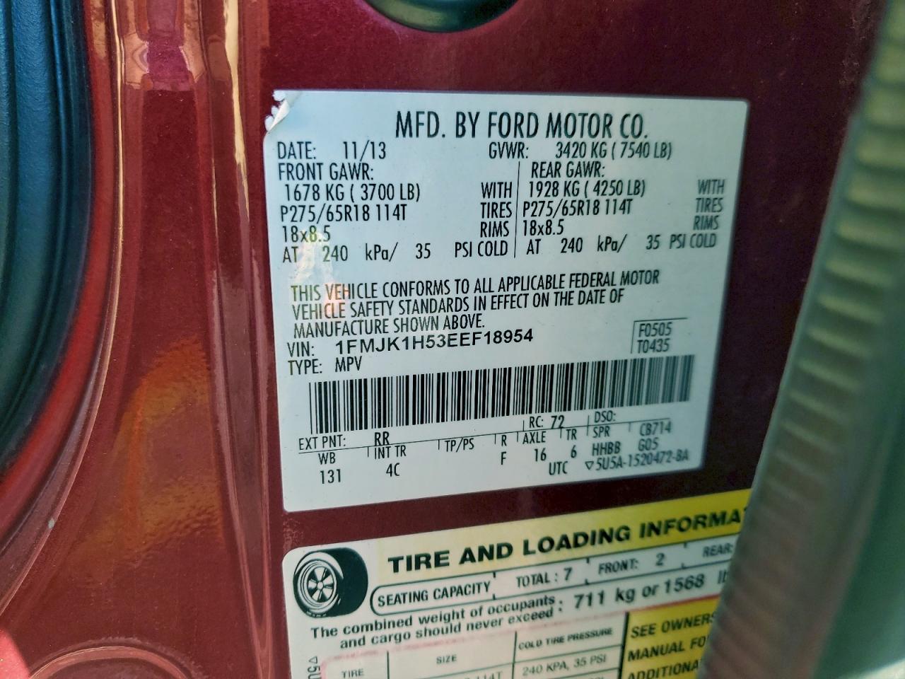 2014 Ford Expedition El Xlt VIN: 1FMJK1H53EEF18954 Lot: 93238685