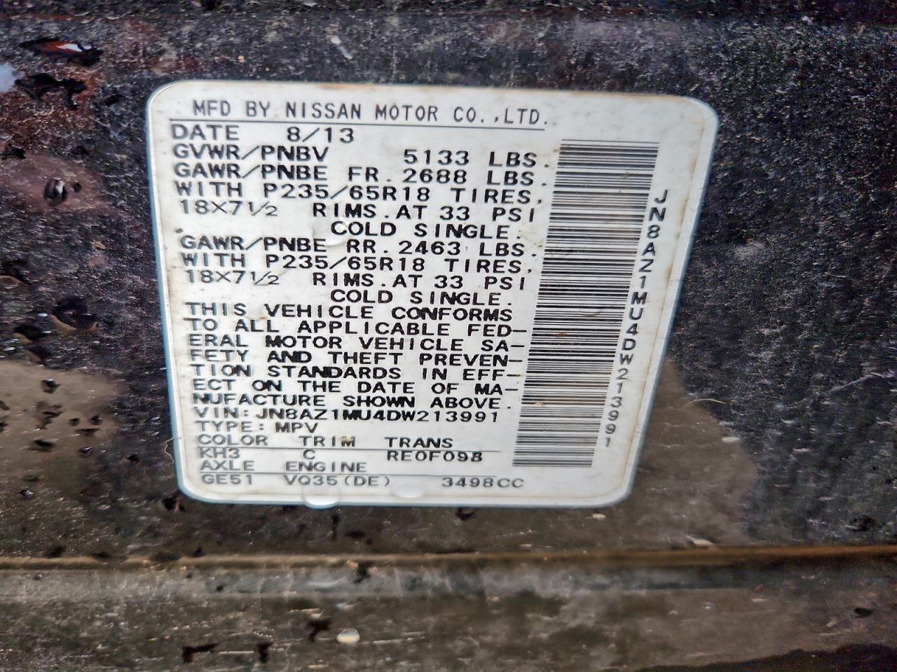 2013 Nissan Murano S VIN: JN8AZ1MU4DW213991 Lot: 93920285