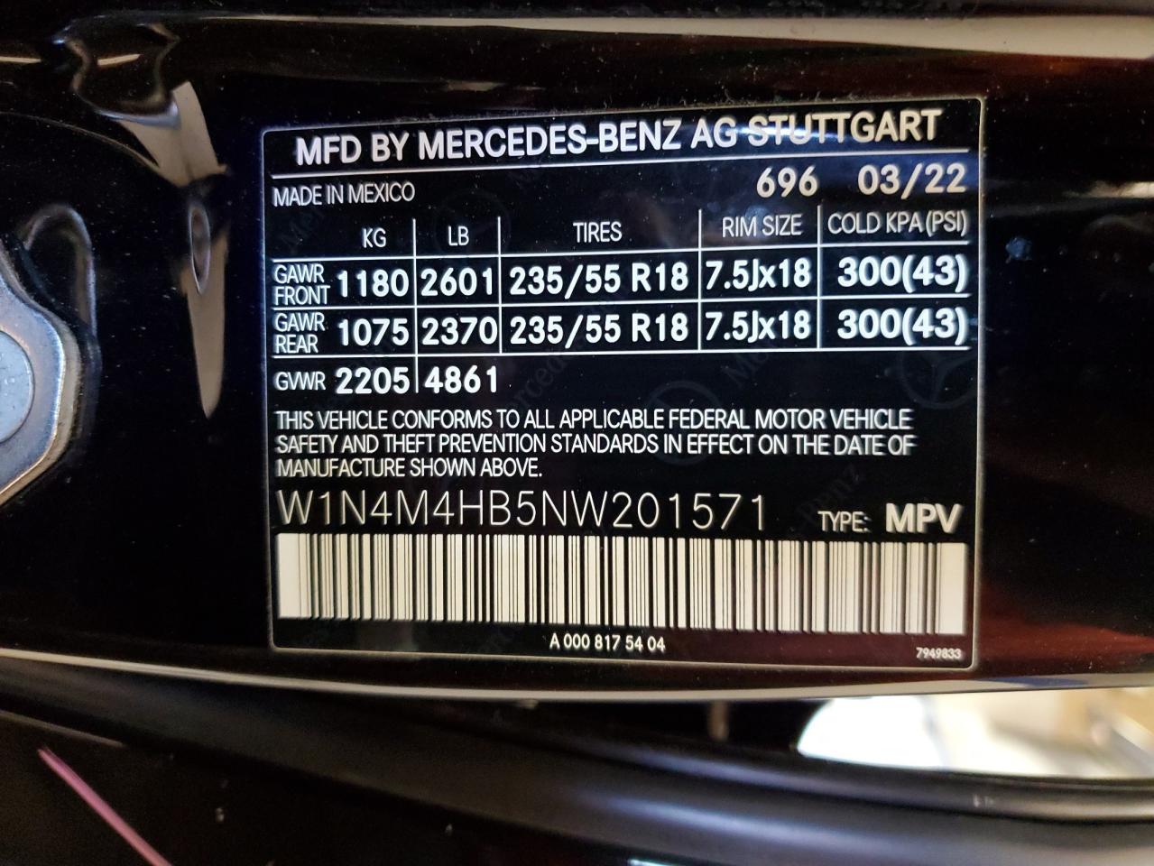 2022 Mercedes-Benz Glb 250 4Matic VIN: W1N4M4HB5NW201571 Lot: 93099825