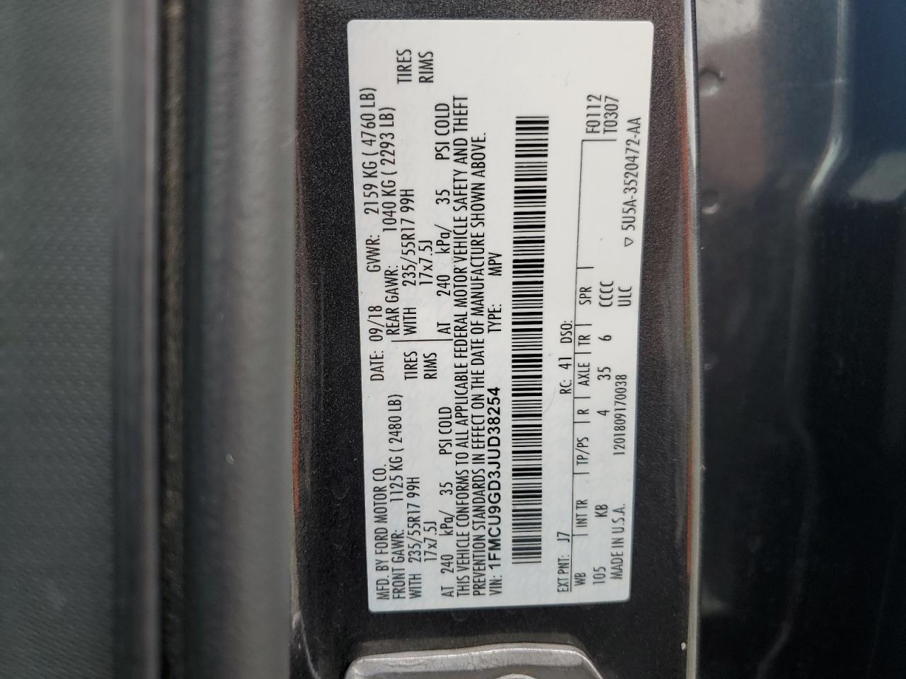 2018 Ford Escape Se VIN: 1FMCU9GD3JUD38254 Lot: 91933275