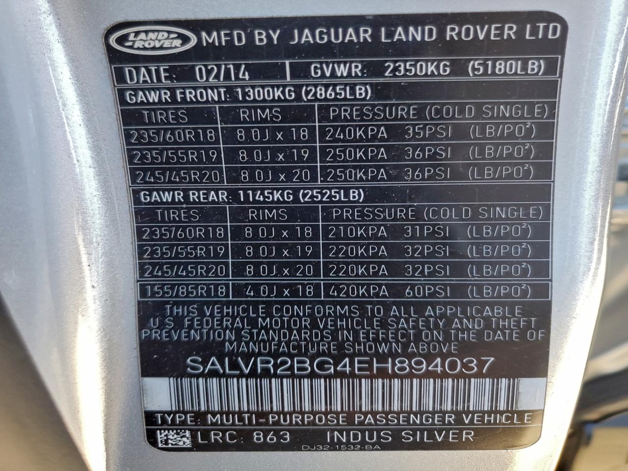 2014 Land Rover Range Rover Evoque Pure Premium VIN: SALVR2BG4EH894037 Lot: 94281685