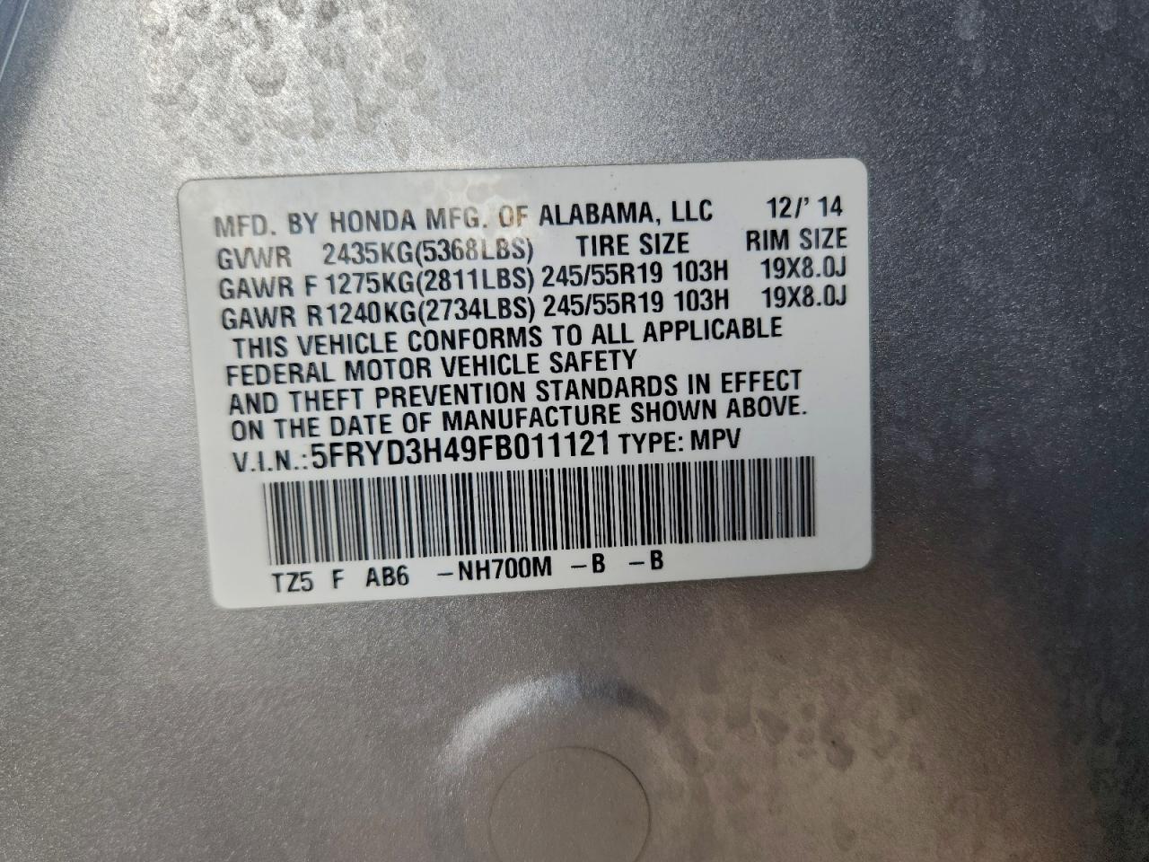 2015 Acura Mdx Technology VIN: 5FRYD3H49FB011121 Lot: 93354795