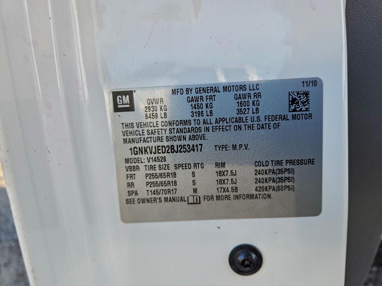 2011 Chevrolet Traverse Lt VIN: 1GNKVJED2BJ253417 Lot: 93942655