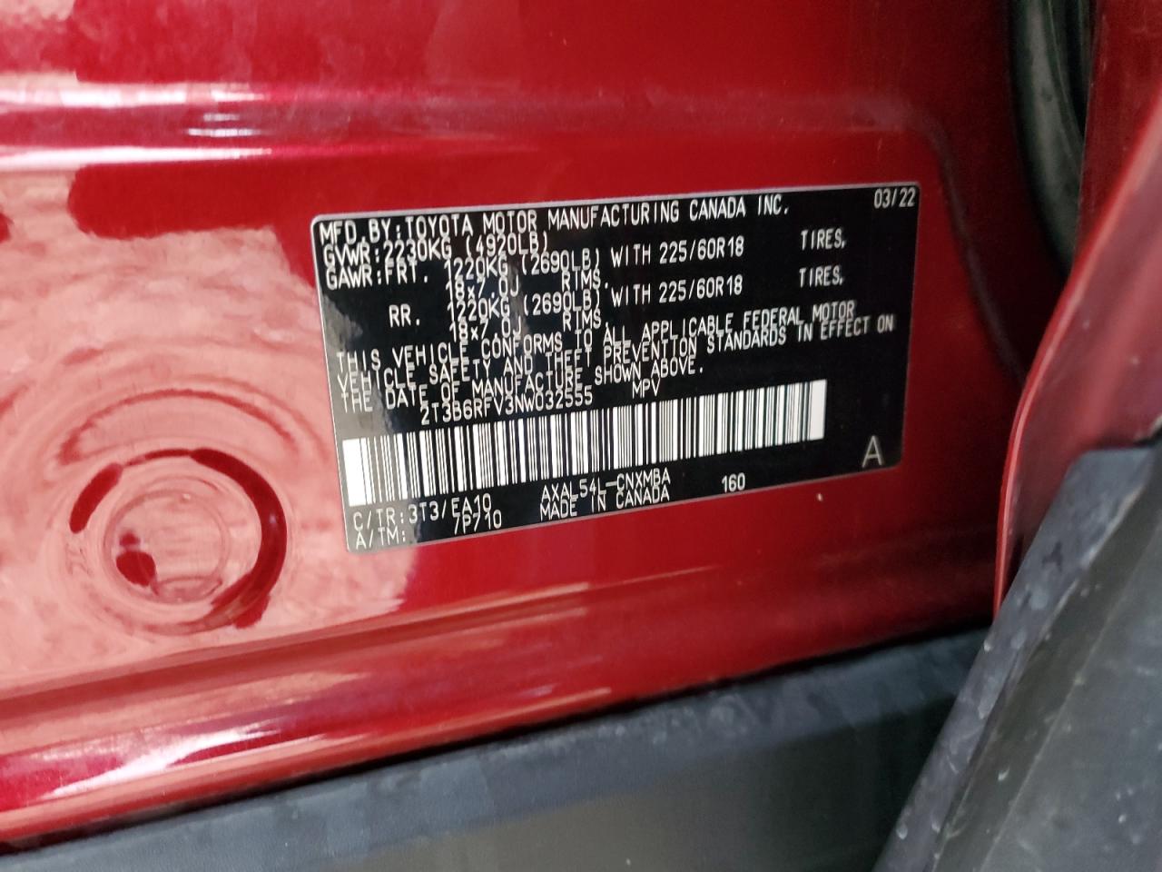 2022 Toyota Rav4 Xle Premium VIN: 2T3B6RFV3NW032555 Lot: 93449385