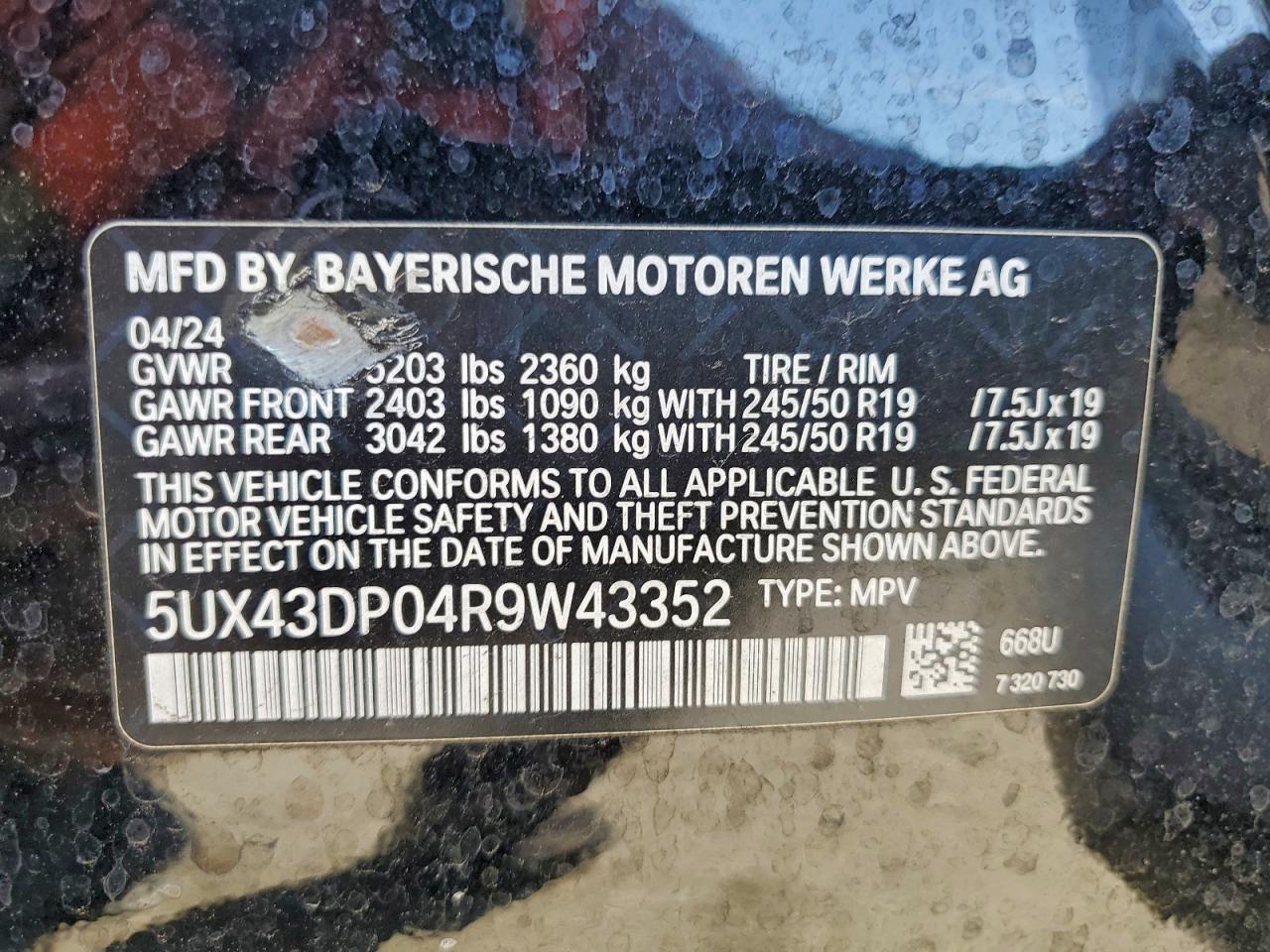 2024 BMW X3 Sdrive30I VIN: 5UX43DP04R9W43352 Lot: 93724085