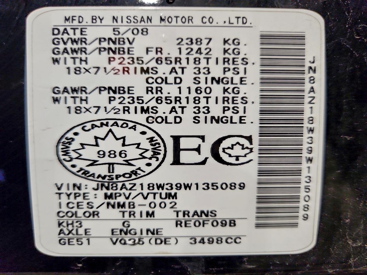 2009 Nissan Murano S VIN: JN8AZ18W39W135089 Lot: 95083175