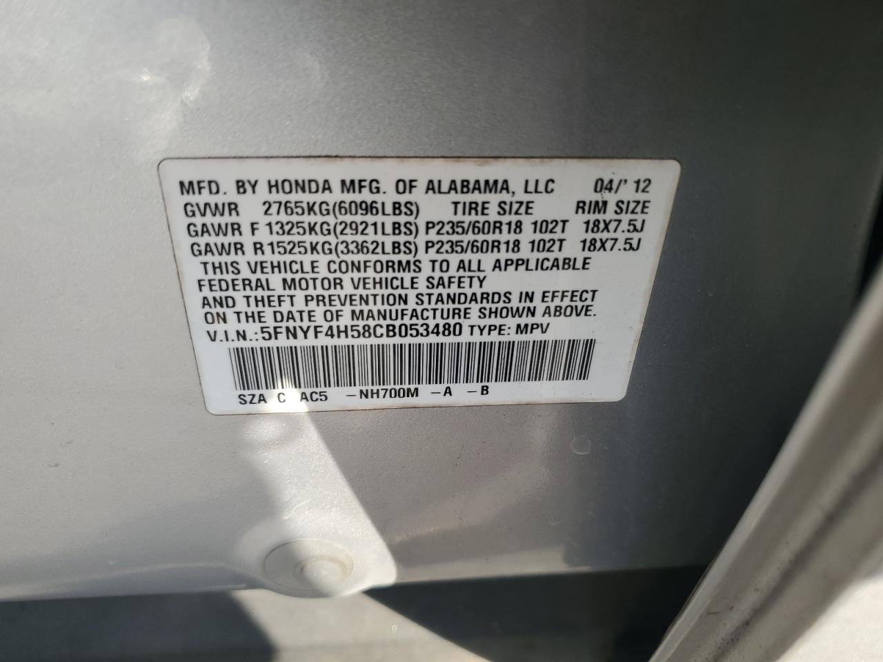 2012 Honda Pilot Exl VIN: 5FNYF4H58CB053480 Lot: 93224215