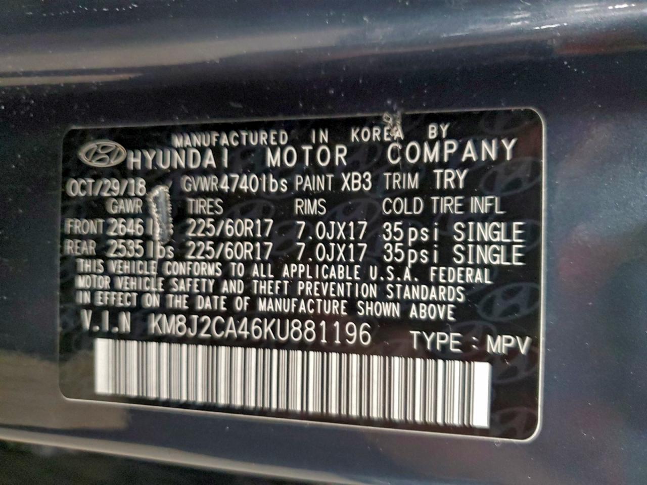 2019 Hyundai Tucson Se VIN: KM8J2CA46KU881196 Lot: 94150515