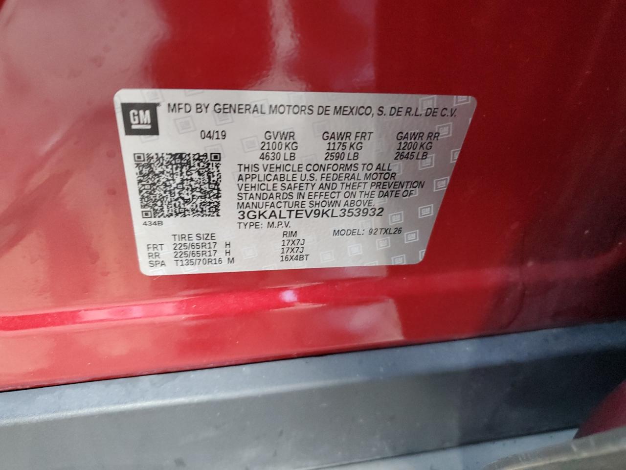 2019 GMC Terrain Sle VIN: 3GKALTEV9KL353932 Lot: 92803315