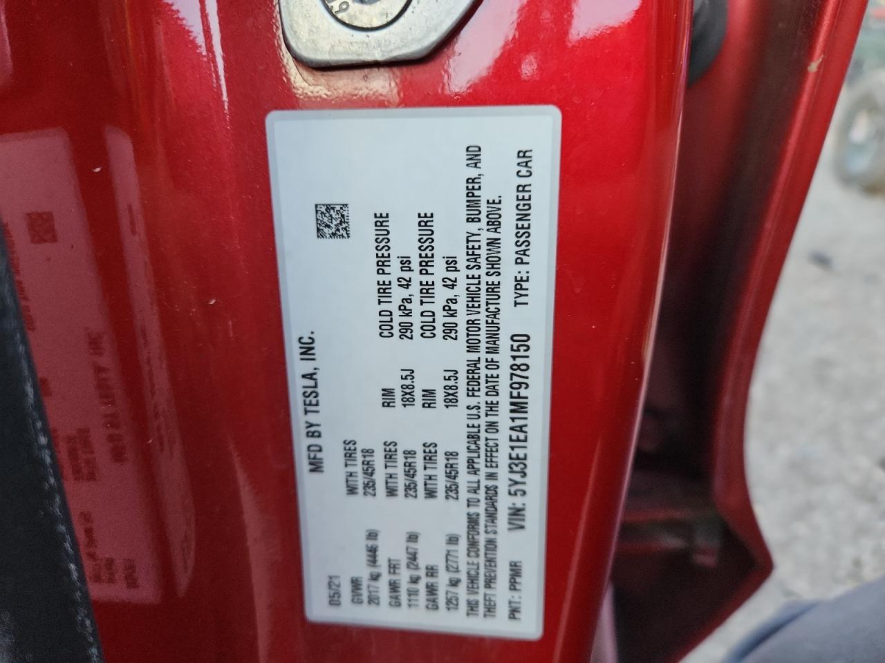 2021 Tesla Model 3 VIN: 5YJ3E1EA1MF978150 Lot: 90369365