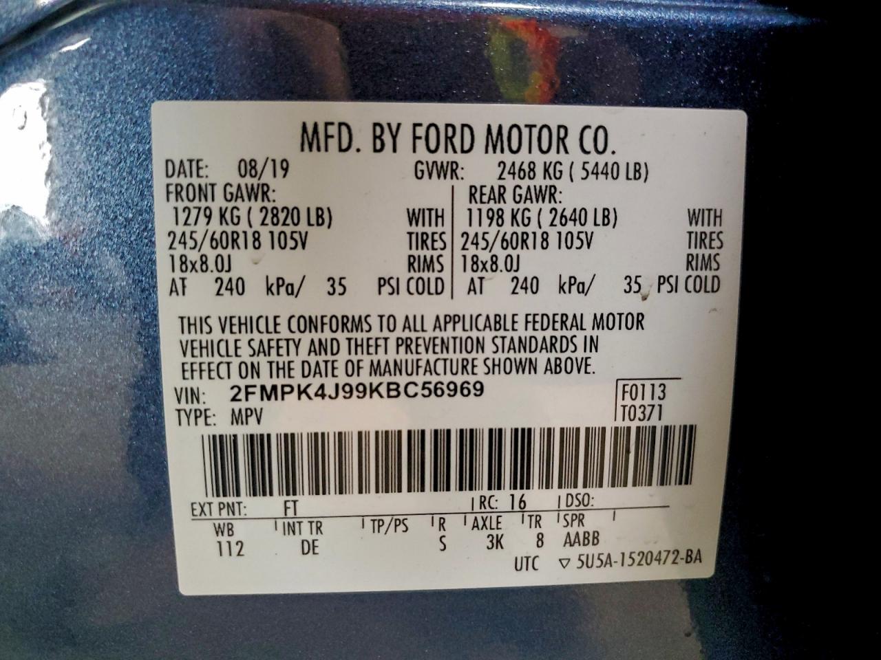 2019 Ford Edge Sel VIN: 2FMPK4J99KBC56969 Lot: 94093495