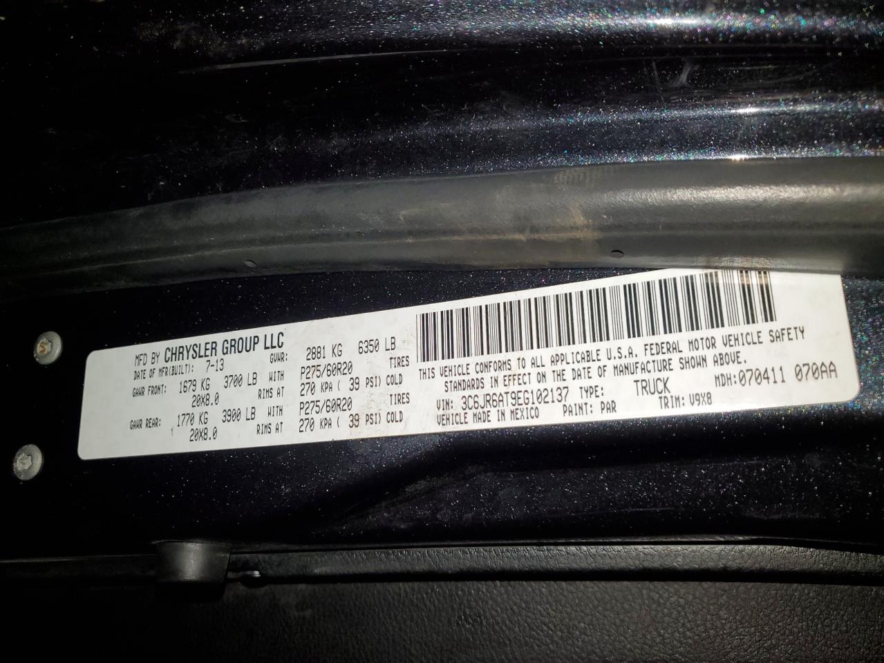 2014 Ram 1500 St VIN: 3C6JR6AT9EG102137 Lot: 93010825