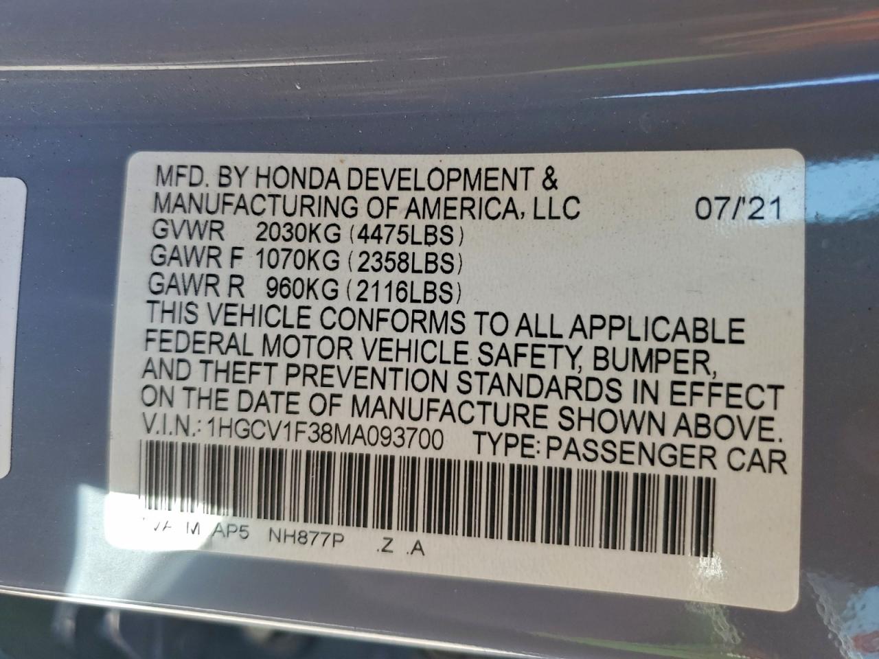 2021 Honda Accord Sport VIN: 1HGCV1F38MA093700 Lot: 93234665