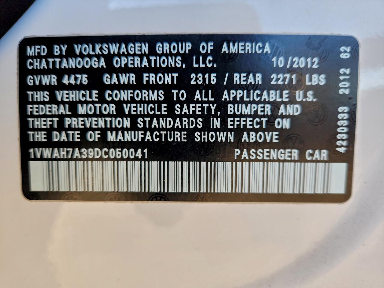 2013 Volkswagen Passat S VIN: 1VWAH7A39DC050041 Lot: 93972095