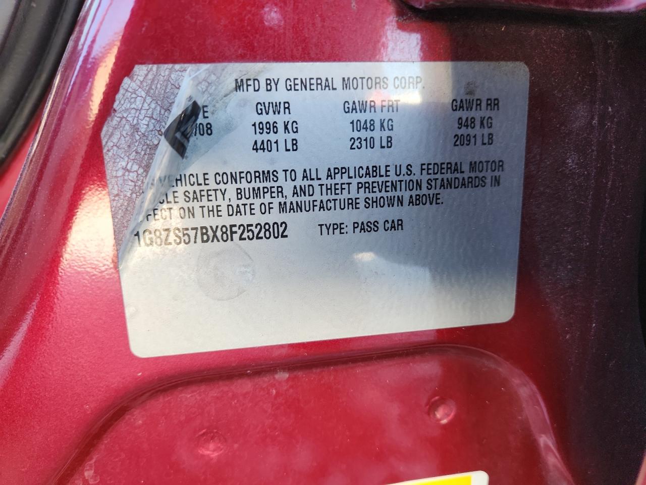 2008 Saturn Aura Xe VIN: 1G8ZS57BX8F252802 Lot: 91887775