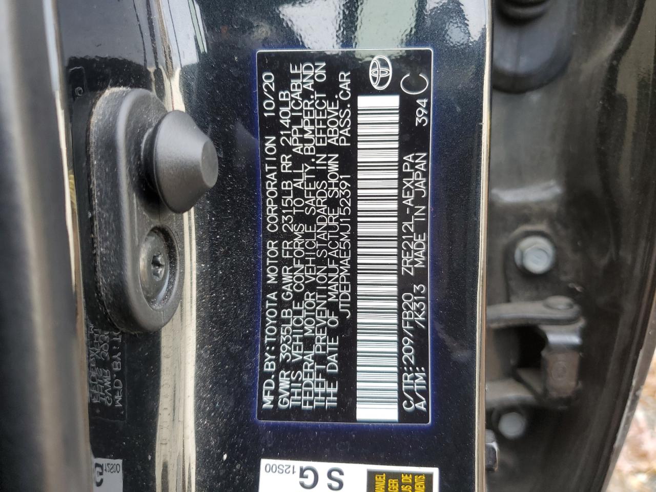 2021 Toyota Corolla Le VIN: JTDEPMAE5MJ152391 Lot: 91644975