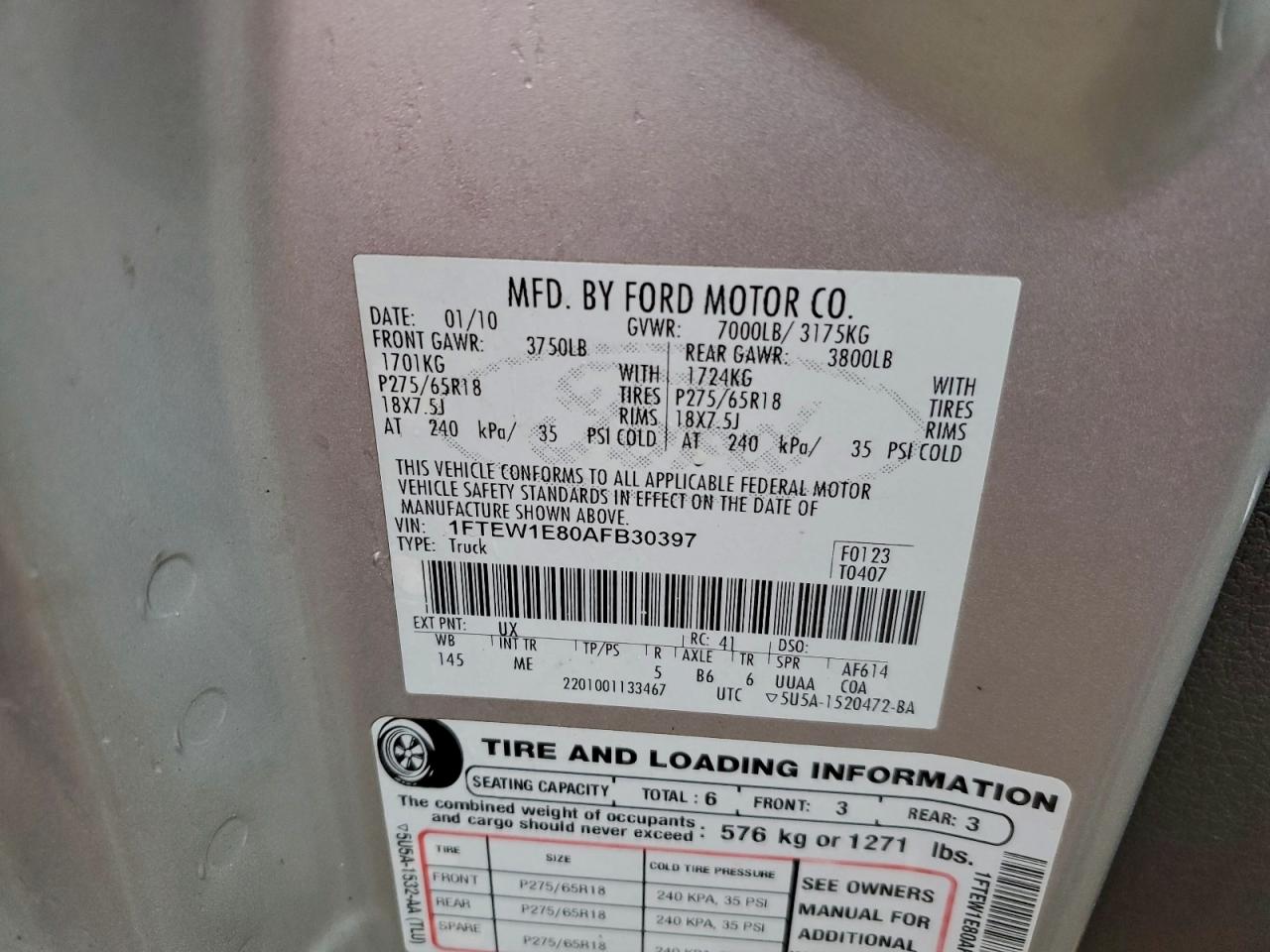 2010 Ford F150 Supercrew VIN: 1FTEW1E80AFB30397 Lot: 93109495