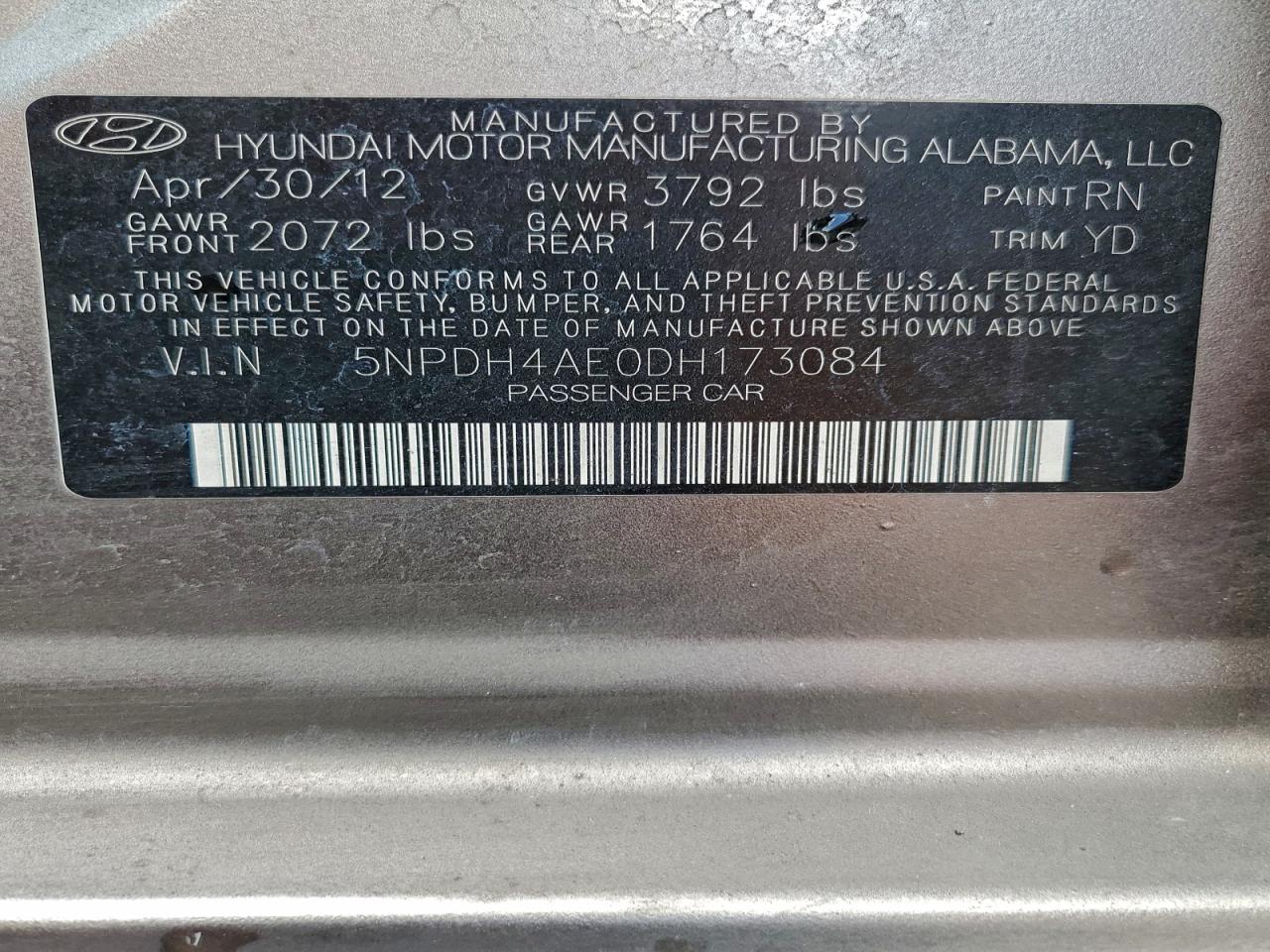 2013 Hyundai Elantra Gls VIN: 5NPDH4AE0DH173084 Lot: 93970665