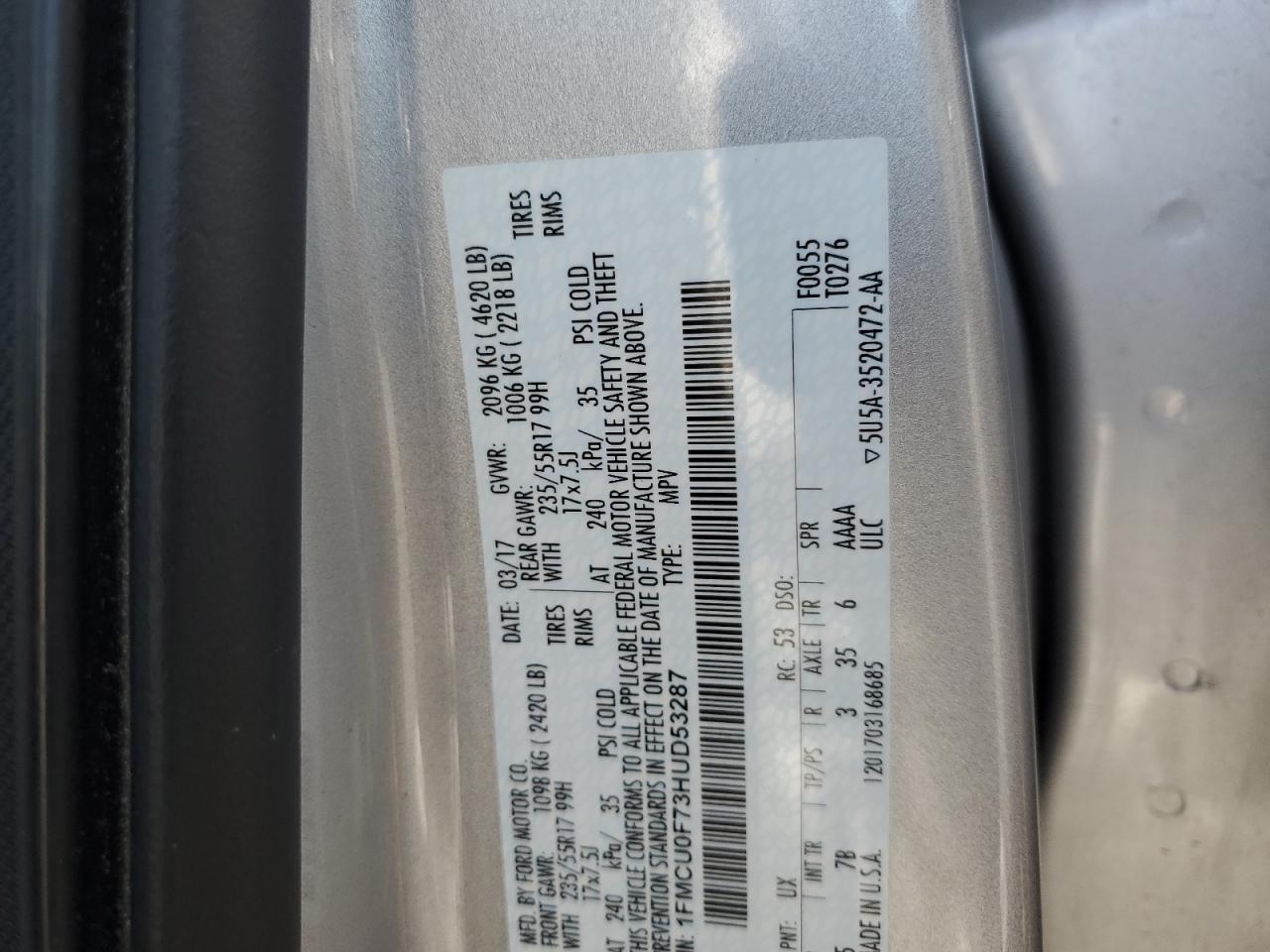 2017 Ford Escape S VIN: 1FMCU0F73HUD53287 Lot: 91289485