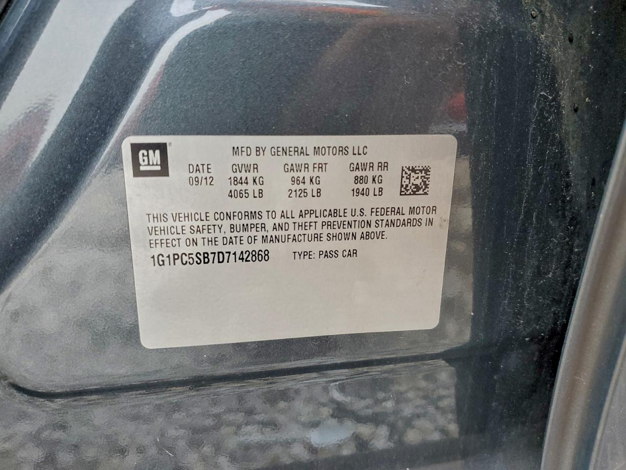 2013 Chevrolet Cruze Lt VIN: 1G1PC5SB7D7142868 Lot: 94135325