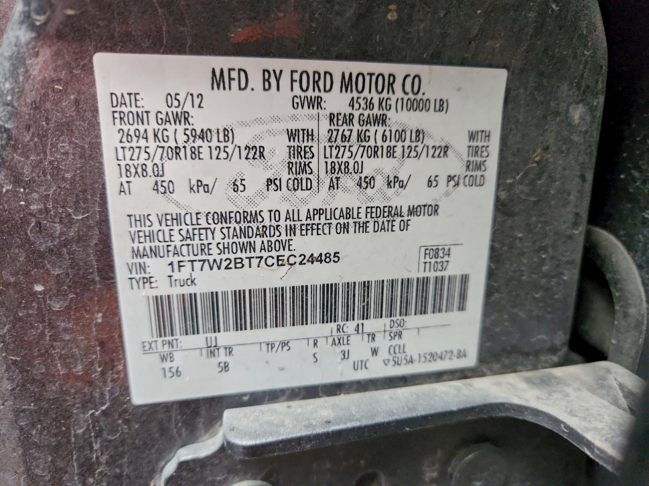 2012 Ford F250 Super Duty VIN: 1FT7W2BT7CEC24485 Lot: 93525885