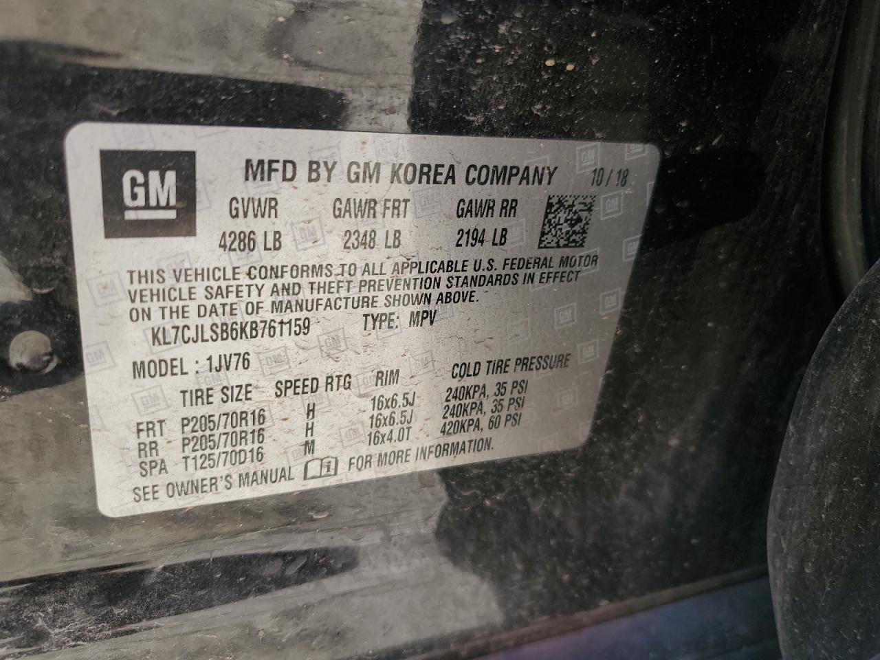 2019 Chevrolet Trax 1Lt VIN: KL7CJLSB6KB761159 Lot: 91045445