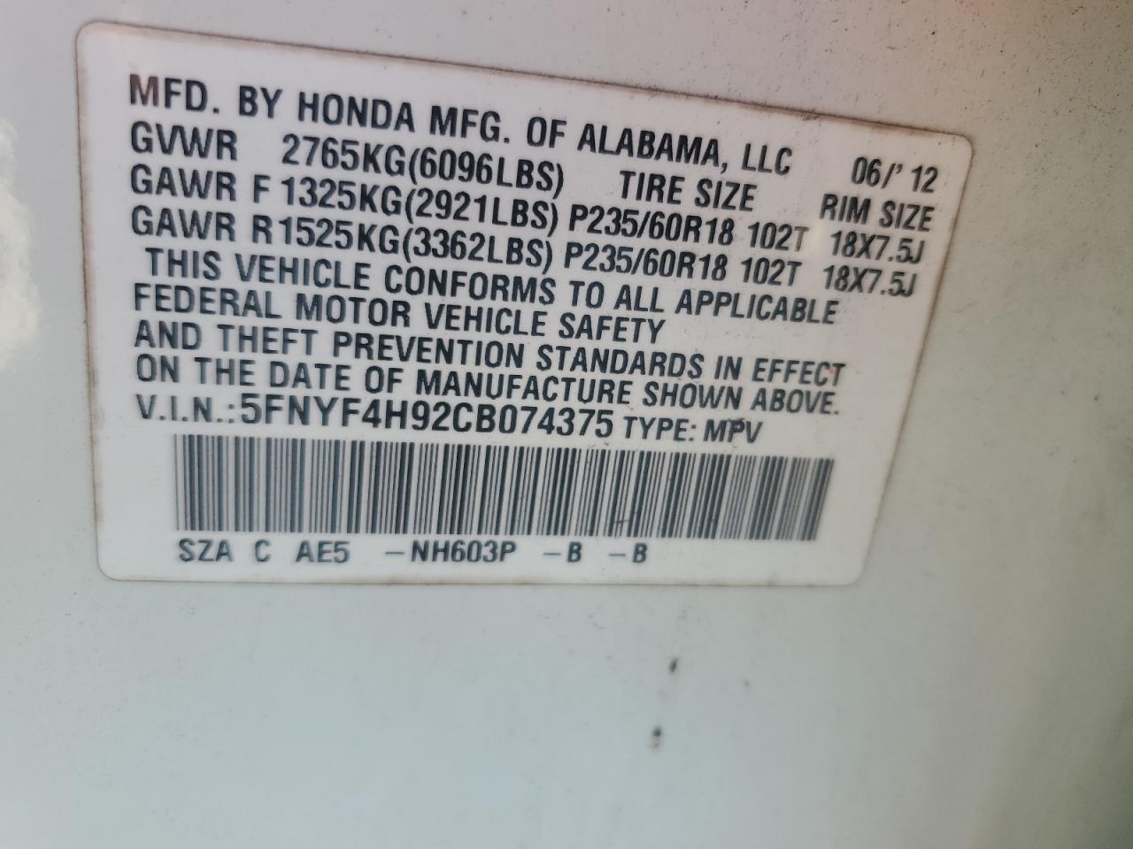 2012 Honda Pilot Touring VIN: 5FNYF4H92CB074375 Lot: 92927525