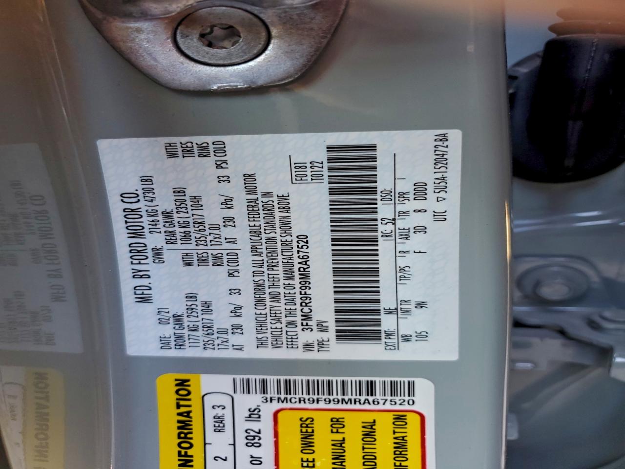 2021 Ford Bronco Sport First Edition VIN: 3FMCR9F99MRA67520 Lot: 93483905