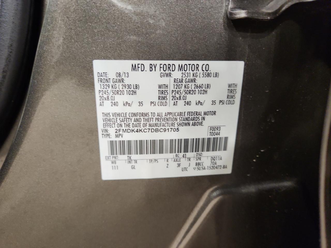 2013 Ford Edge Limited VIN: 2FMDK4KC7DBC91705 Lot: 91558755