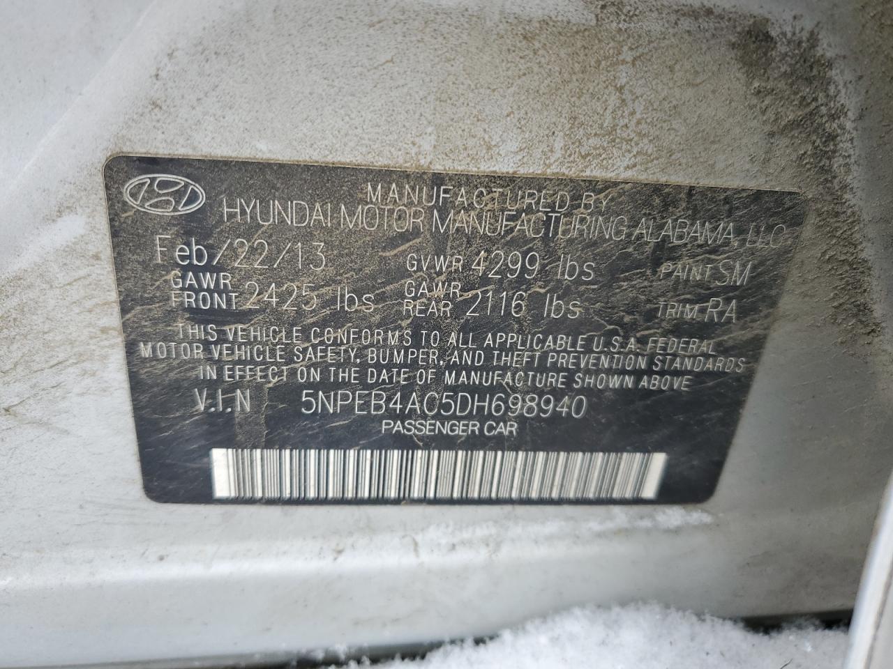 2013 Hyundai Sonata Gls VIN: 5NPEB4AC5DH698940 Lot: 92023375