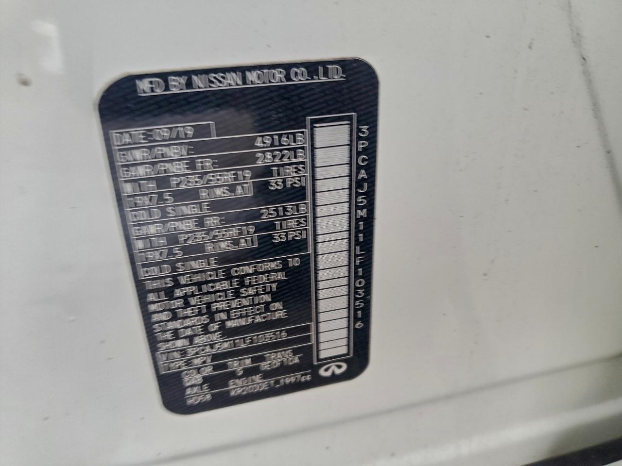 2020 Infiniti Qx50 Pure VIN: 3PCAJ5M11LF103516 Lot: 93516965