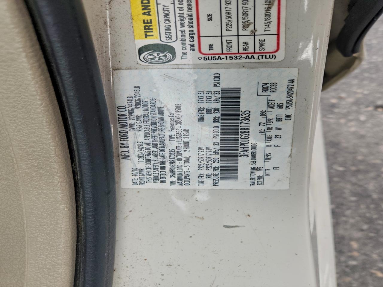 2011 Ford Fusion Sel VIN: 3FAHP0JG2BR173635 Lot: 93647625