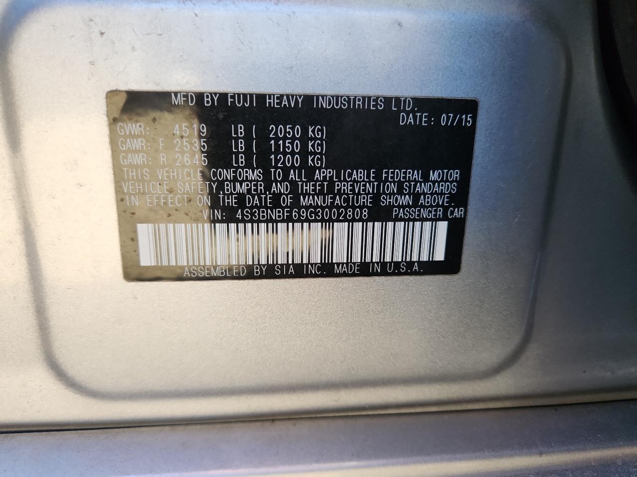 2016 Subaru Legacy 2.5I Premium VIN: 4S3BNBF69G3002808 Lot: 90672515