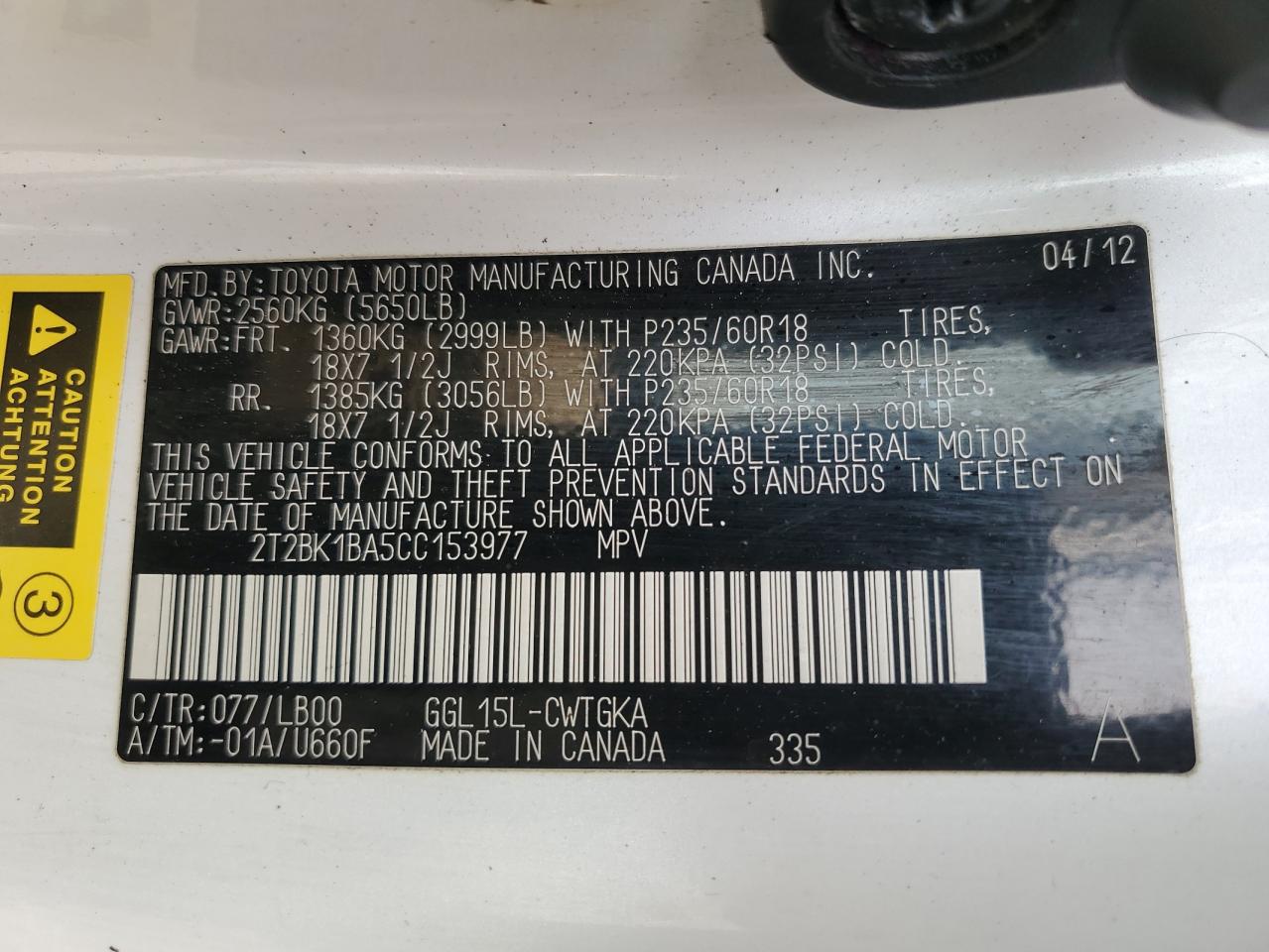 2012 Lexus Rx 350 VIN: 2T2BK1BA5CC153977 Lot: 90946575