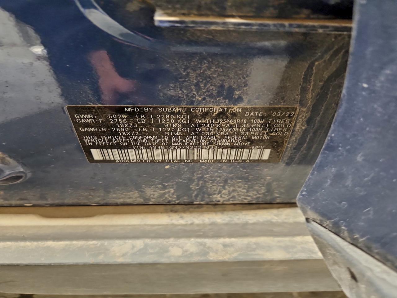 2022 Subaru Outback Limited Xt VIN: 4S4BTGND7N3224033 Lot: 93442225