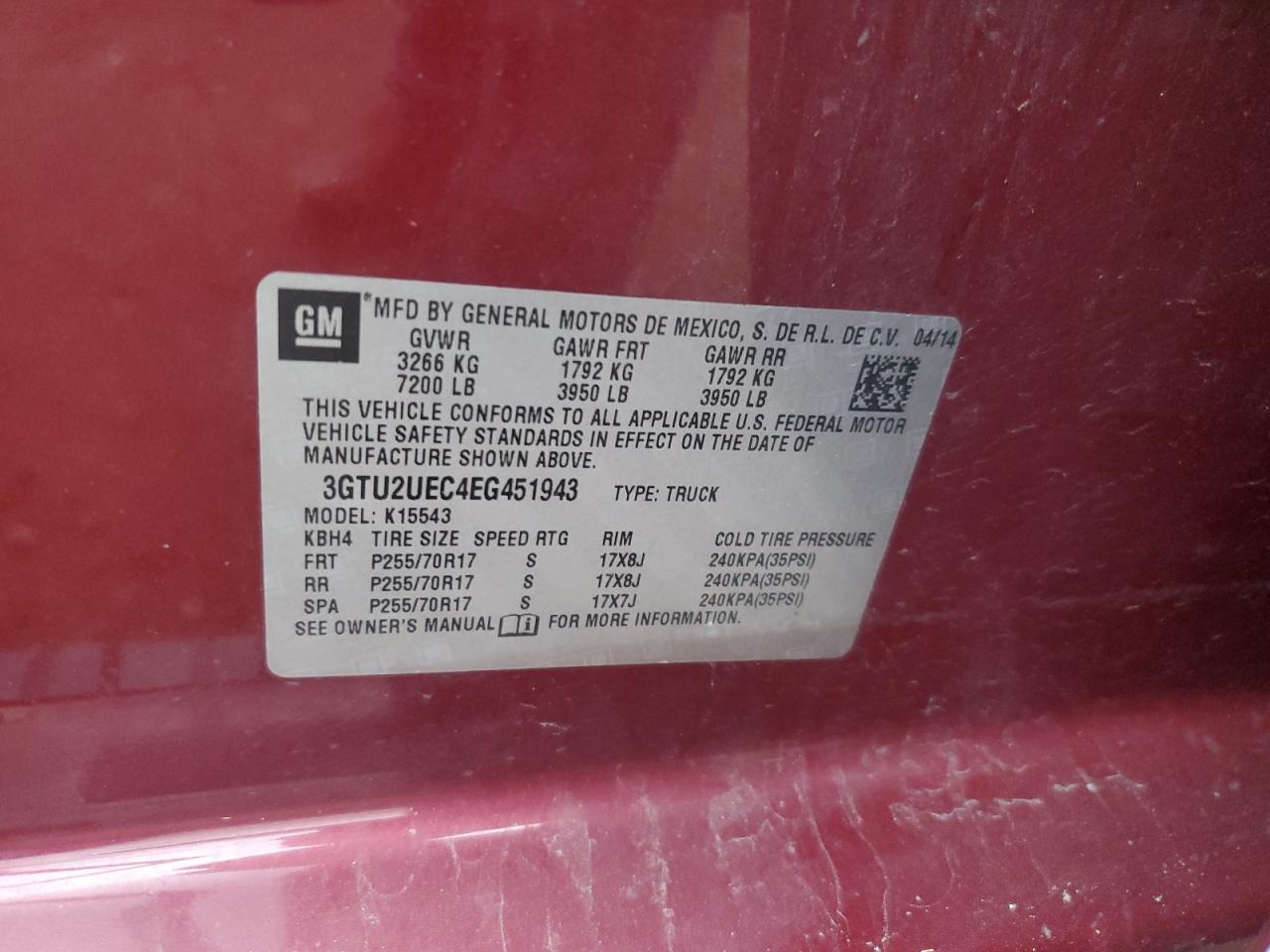 2014 GMC Sierra K1500 Sle VIN: 3GTU2UEC4EG451943 Lot: 92418615