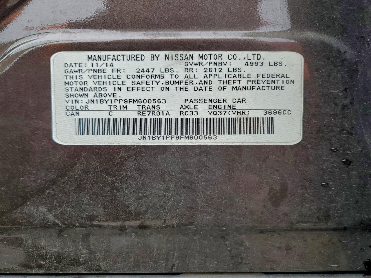 2015 Infiniti Q70L 3.7 VIN: JN1BY1PP9FM600563 Lot: 94266705