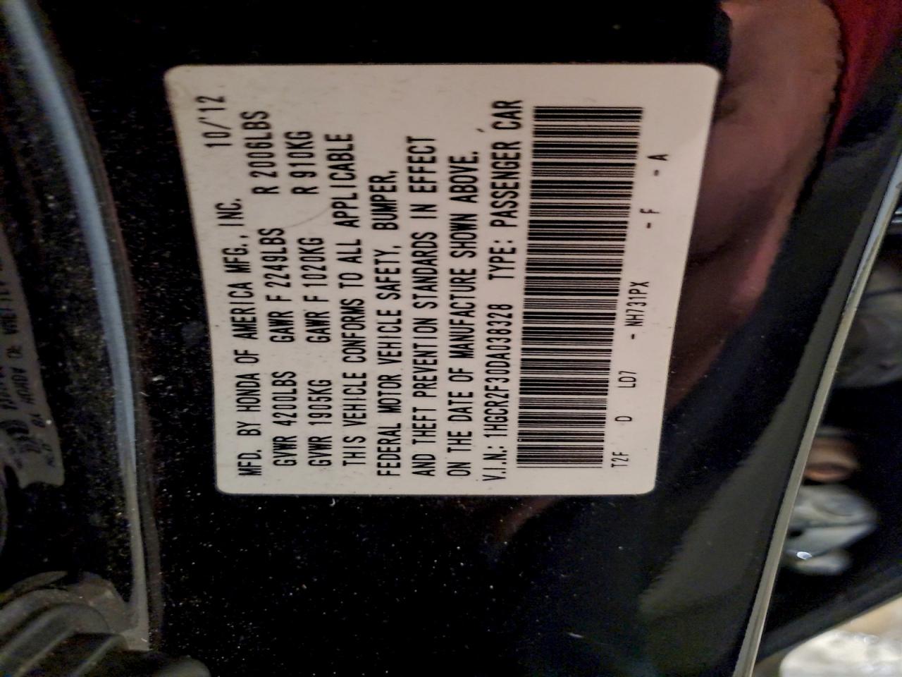 2013 Honda Accord Lx VIN: 1HGCR2F30DA038328 Lot: 94286655