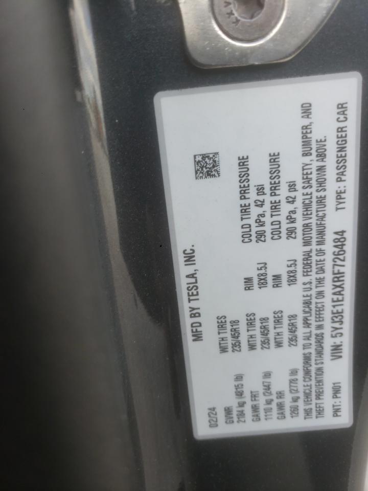 2024 Tesla Model 3 VIN: 5YJ3E1EAXRF726484 Lot: 92513585