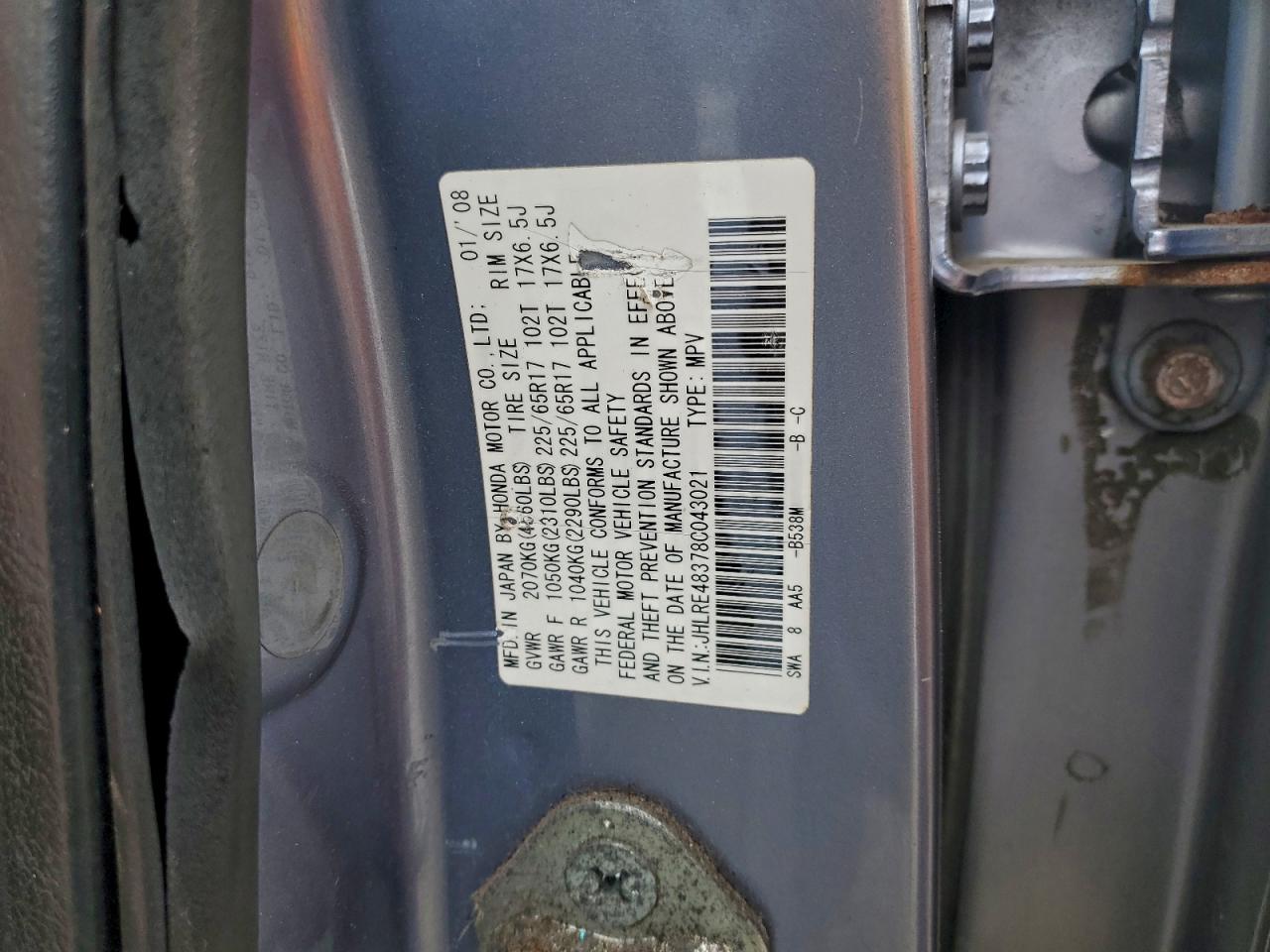 2008 Honda Cr-V Lx VIN: JHLRE48378C043021 Lot: 93915935