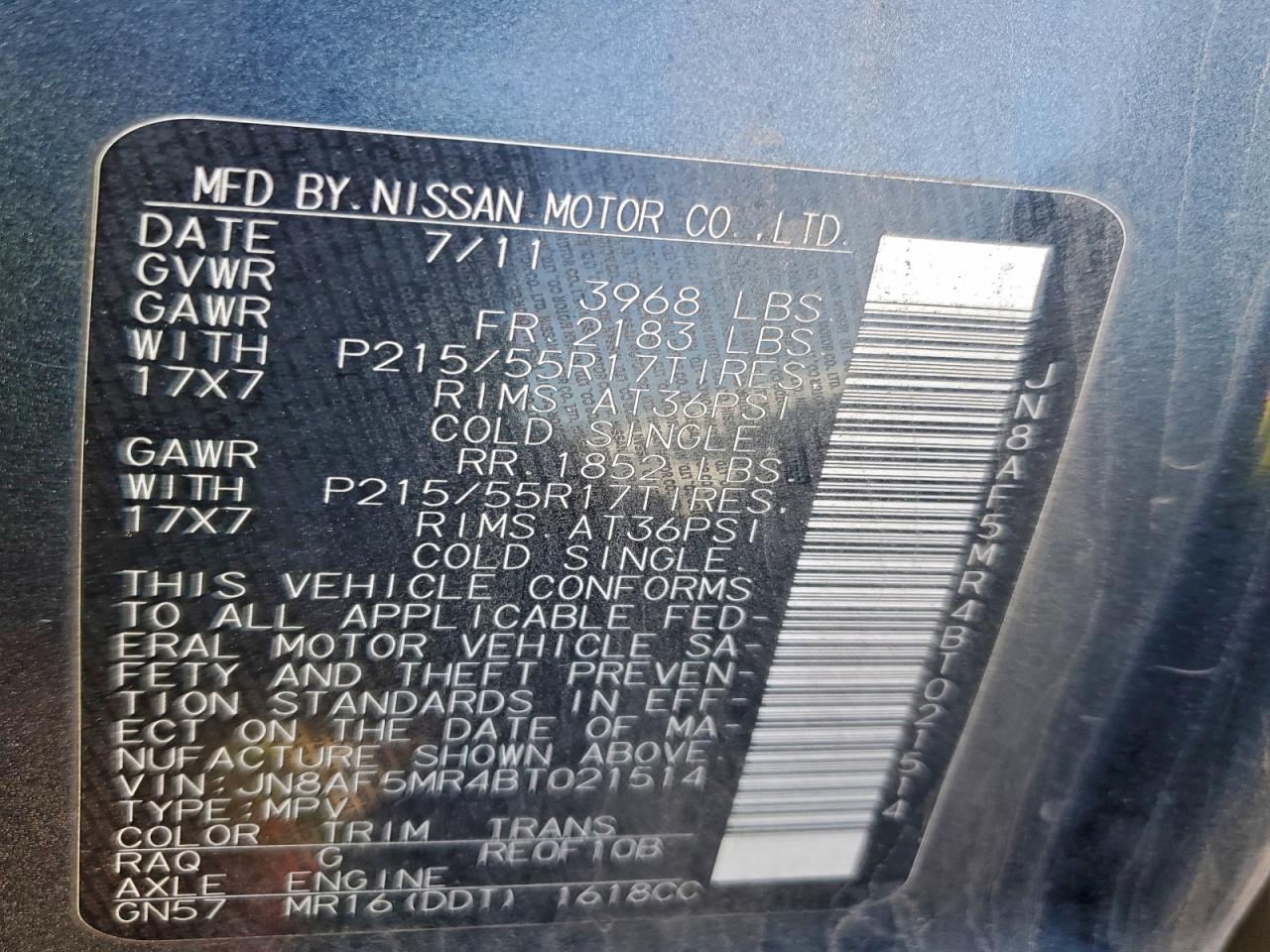 2011 Nissan Juke S VIN: JN8AF5MR4BT021514 Lot: 92936755