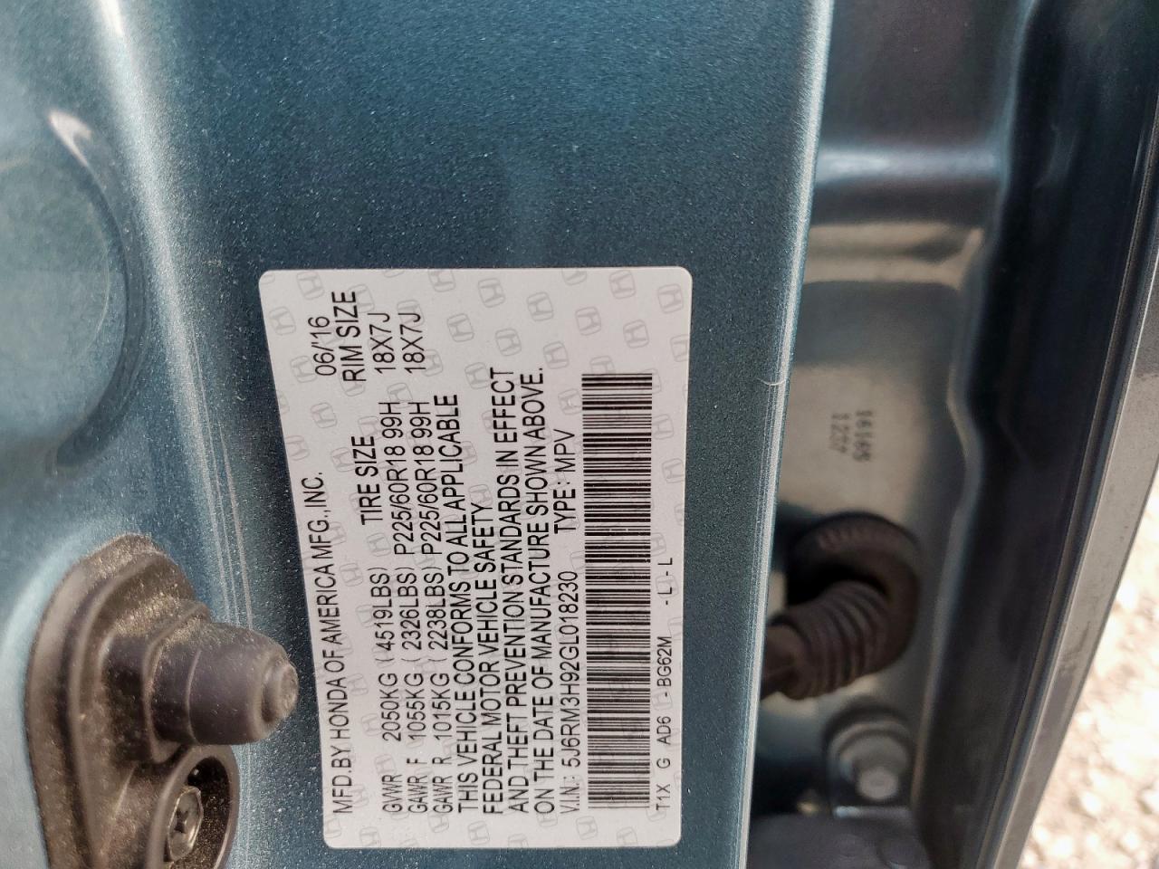 2016 Honda Cr-V Touring VIN: 5J6RM3H92GL018230 Lot: 93042615