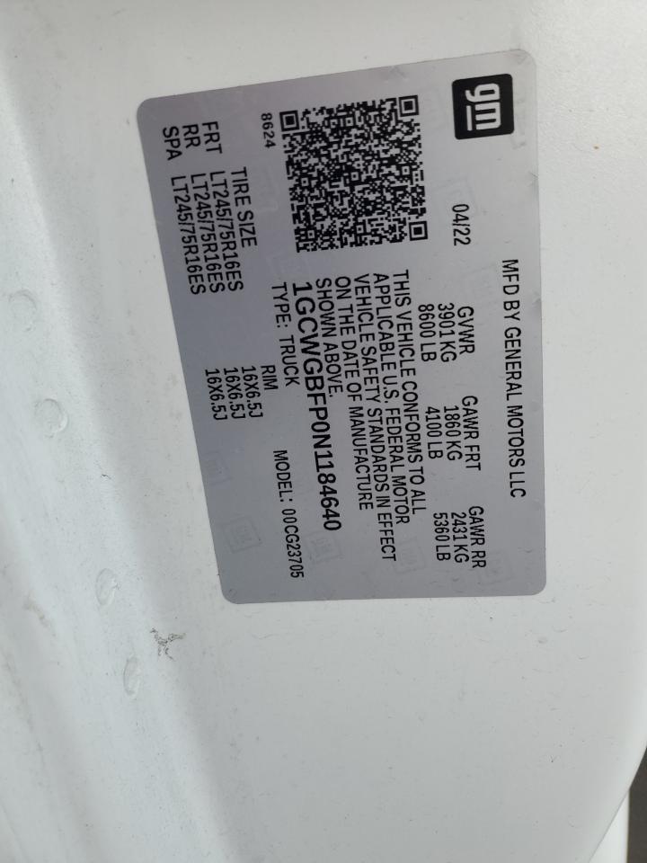 2022 Chevrolet Express G2500 VIN: 1GCWGBFP0N1184640 Lot: 91924095